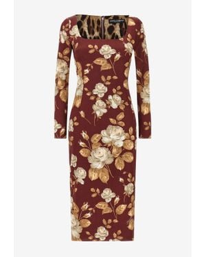 Dolce & Gabbana Vintage Rose Print Midi Dress - Brown