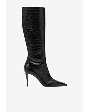 Paris Texas Vera 85 Croc-Embossed Leather Knee-High Boots - Black