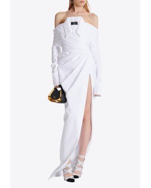 Balmain Shirt-Effect Off-Shoulder Poplin Maxi Dress - White