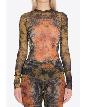 Jean Paul Gaultier Medallion Print Mesh Top - Black