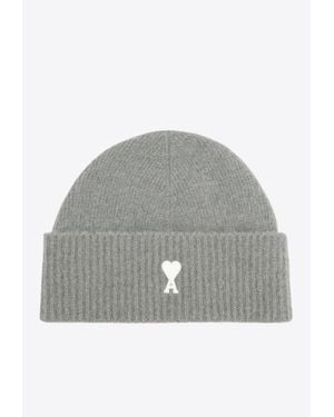 Ami Paris Logo-Embroidered Ribbed Beanie - Grey