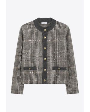 Brunello Cucinelli Jacquard Cardigan With Check-Embroidery - Grey
