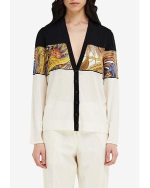 Ferragamo Rooster Print Inserts Wool Cardigan - Natural