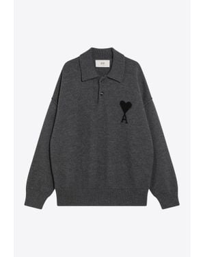 Ami Paris Ami De Coeur Wool Polo Jumper - Grey