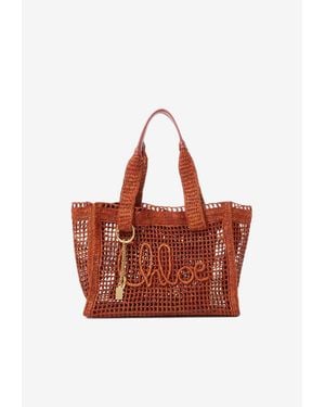 Chloé Summer Banana East-West Raffia Tote Bag - Red