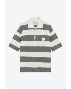 Ami Paris Ami De Coeur Striped Polo T-Shirt - Gray