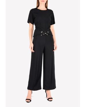 Mugler Wide-Leg Belted Jumpsuit With Criss-Cross Lace Details - Black