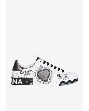 Dolce & Gabbana Portofino Hand-Painted Leather Sneakers - White
