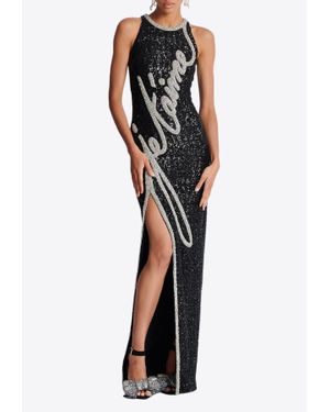 Balmain Love Letter Embroidered Sequined Gown - Black