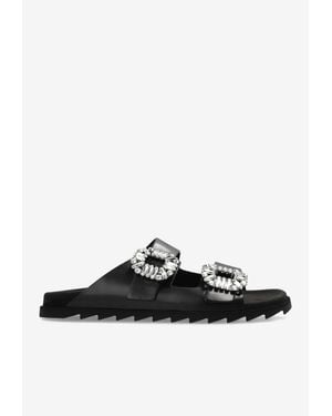 Roger Vivier Slidy Viv' Crystal Buckle Leather Slides - White