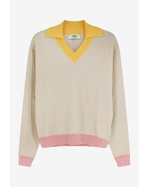 Fendi Ff Jacquard V-Neck Sweater - Natural