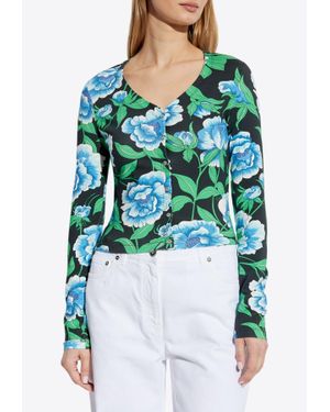 KENZO Peonies Print V-Neck Top - Blue