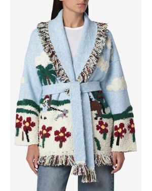 Alanui Casa Fringed Intarsia Wool-Blend Cardigan - Blue