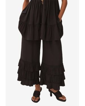 Chloé Ruffled Wide-Leg Silk Trousers - Black