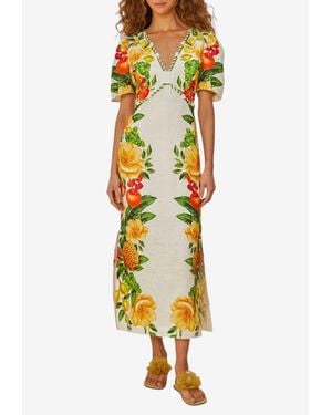 FARM Rio Picnic Flowers V-Neck Midi Dress - Yellow