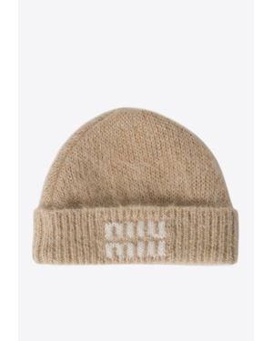 Miu Miu Mohair Blend Logo Beanie - Natural