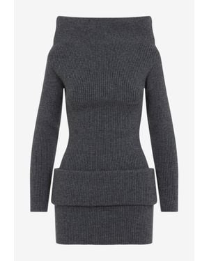 Jean Paul Gaultier Off-Shoulder Knitted Mini Dress With Leather Tag - Grey
