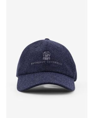 Brunello Cucinelli Logo Embroidered Wool Cap - Blue
