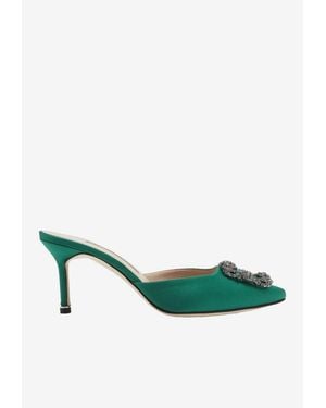 Manolo Blahnik Hangisimu 70 Satin Mules With Fmc Crystal Buckle - Green