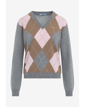 Prada Argyle Intarsia Knit V-Neck Sweater - Gray