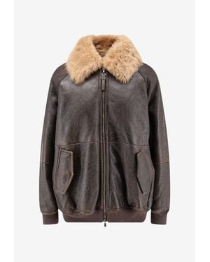 Brunello Cucinelli Shearling-Collar Leather Jacket - Grey