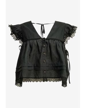 Ganni V-Neck Woven Blouse - Black