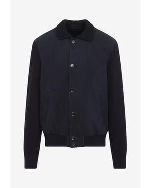 Brioni Rib Knit Collar Leather Jacket - Blue