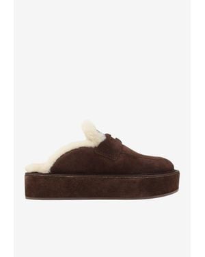 Miu Miu Suede Shearling Sabot Mules - Brown