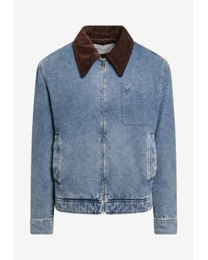 Ami Paris Corduroy-Collar Ami De Coeur Denim Jacket - Blue