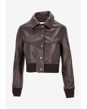 LA ROSE Leather Cropped Jacket - Brown