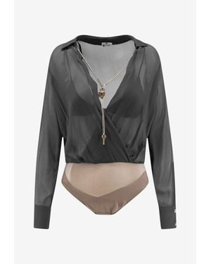 Elisabetta Franchi V-Neck Sheer Bodysuit - Gray