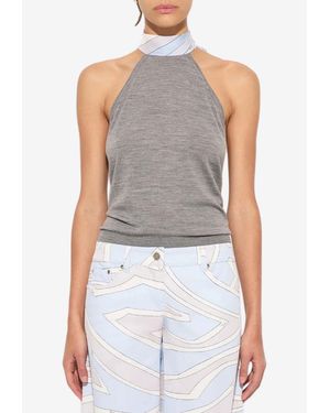 PUCCI Wool Halter Top With Scarf-Neck - Blue