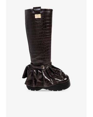 Ganni Croc-Embossed Leather Knee-High Platform Boots - Black