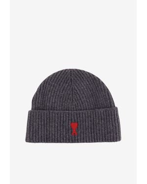 Ami Paris Ami De Coeur Rib Knit Beanie - Blue