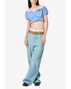 Miu Miu Off-Shoulder Poplin Cropped Top - Blue
