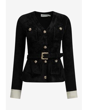 Self-Portrait Chenille Knit Belted Cardigan - Black