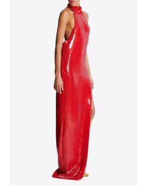 Balmain Halterneck Sequined Gown - Red