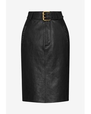 Saint Laurent Crinkled Calfskin Belted Pencil Skirt - Black