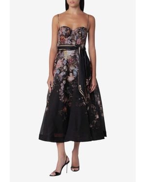Zimmermann Valiant Floral Silk Linen Corset Midi Dress - Black