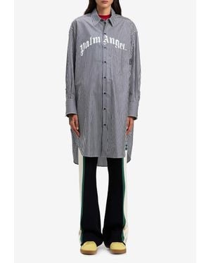 Palm Angels Striped Logo Print Midi Shirt Dress - Gray