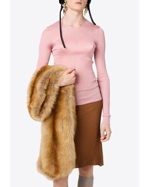 Miu Miu Ribbed V-Neck Top - Pink