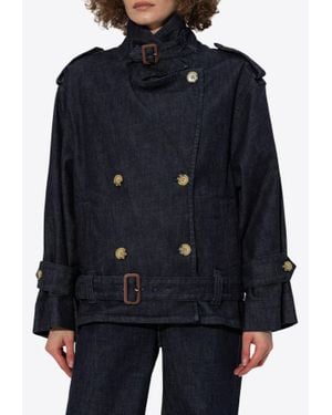 Self-Portrait Double-Breasted Denim Trench Jacket - Black