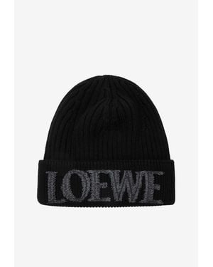 Loewe Logo Embroidered Wool Knit Beanie - Black
