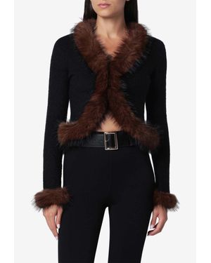 Self-Portrait Faux Fur-Trimmed Cropped Cardigan - Black