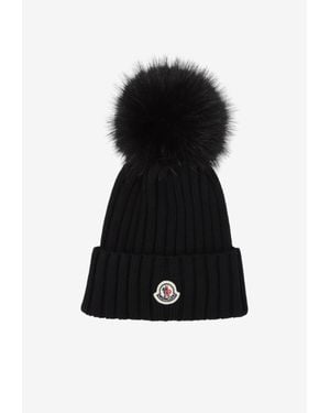 Moncler Logo Patch Wool Pompom Beanie - Black