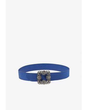 Manolo Blahnik Hangisi Crystal Buckle Satin Belt - Blue