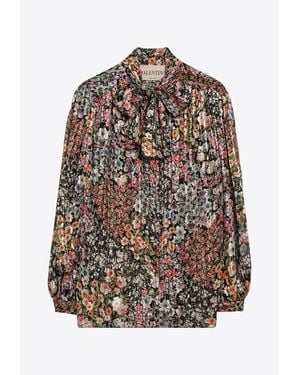 Valentino Floral Print Silk Blouse - Gray