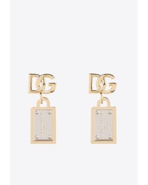 Dolce & Gabbana Brass Logo Plaque Drop Earrings - Natural