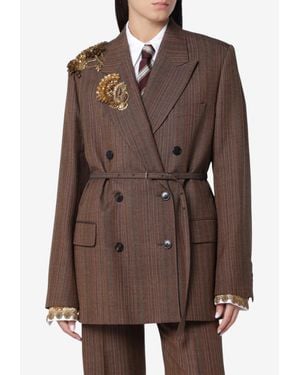 Dries Van Noten Sequin-Embroidered Pinstripe Double-Breasted Blazer - Brown