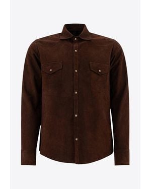Tagliatore Wayne Long-Sleeved Suede Overshirts - Brown